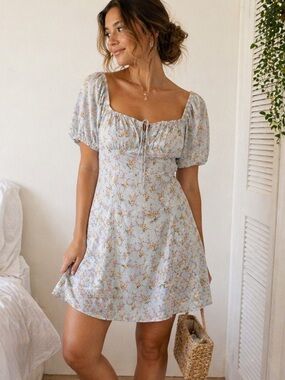 Windsor Size S milkmaid blue Floral Mini Dress Puff Sleeve Cottagecore romantic